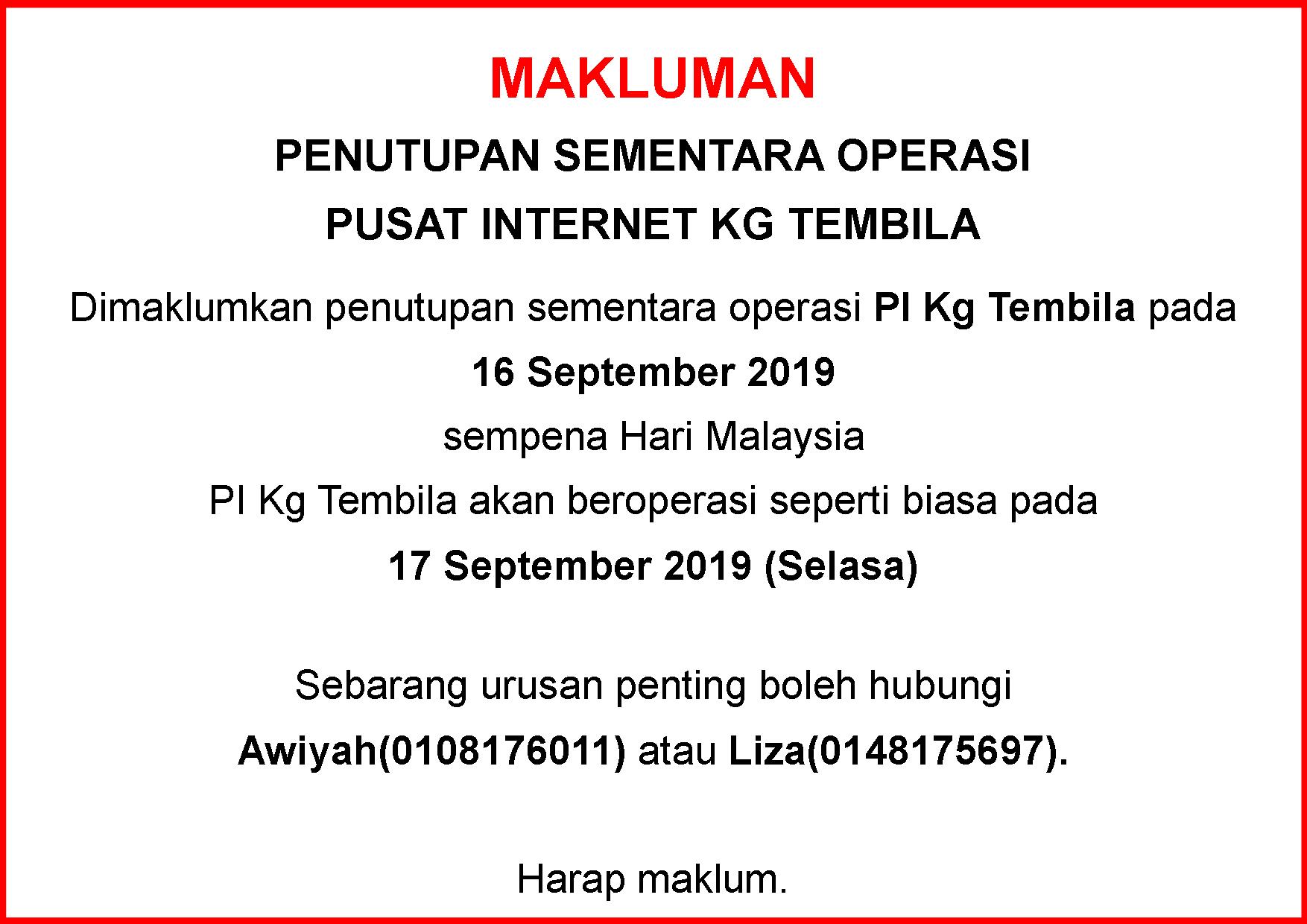 Notis Makluman Penutupan PI sempena Hari Malaysia