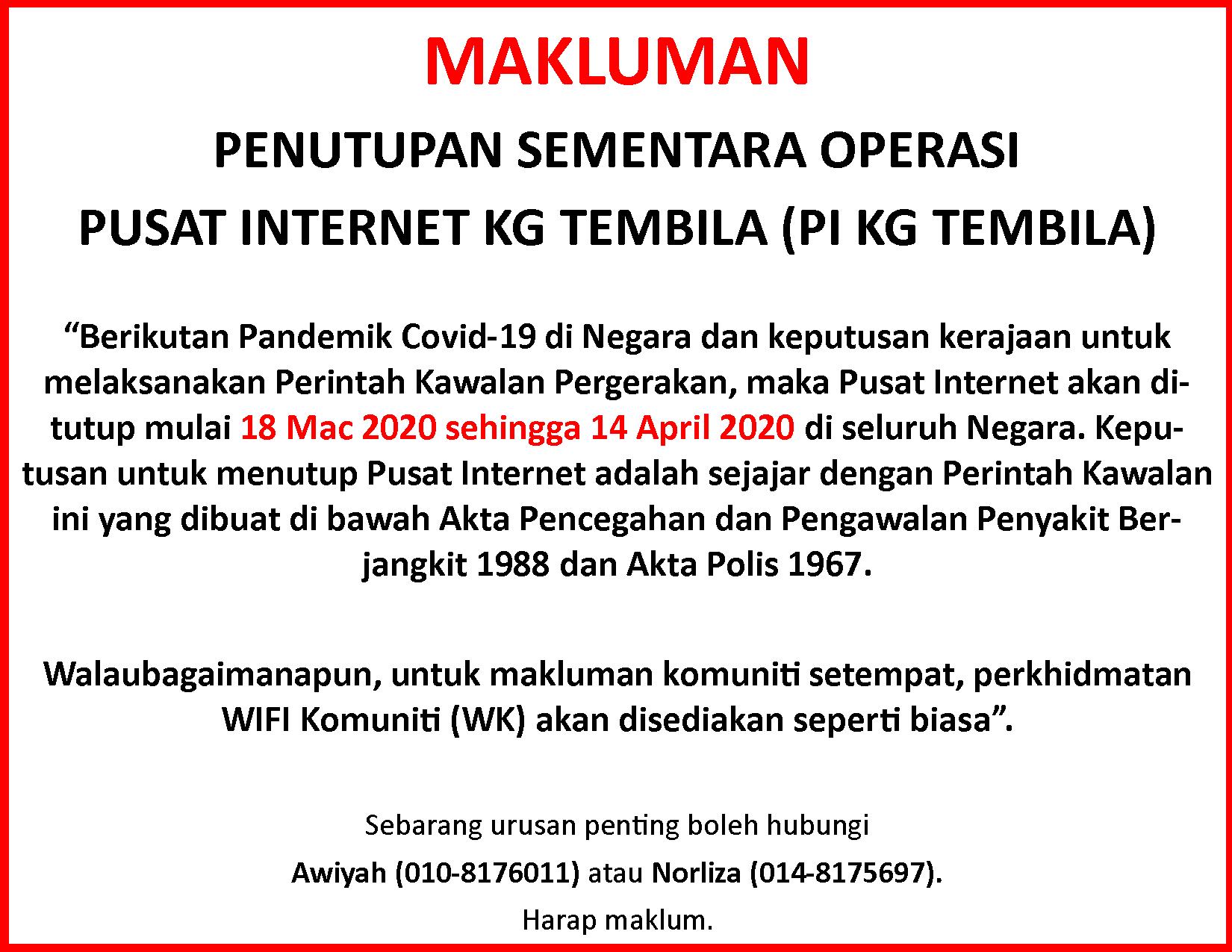 Penutupan Sementara PI berikutan Covid 19